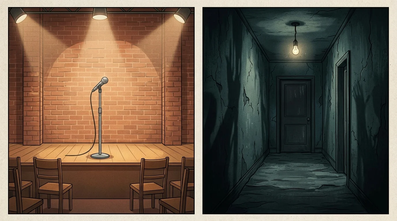 Conceptual split image representing comedy and horror film genres.