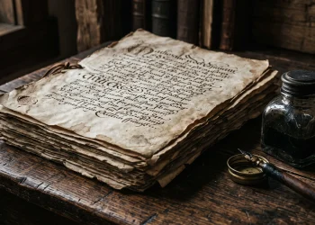 A stack of old parchment papers and an inkwell on a wooden table.