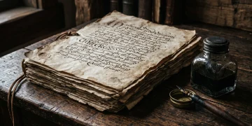 A stack of old parchment papers and an inkwell on a wooden table.