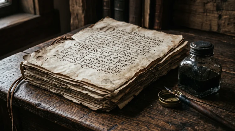 A stack of old parchment papers and an inkwell on a wooden table.