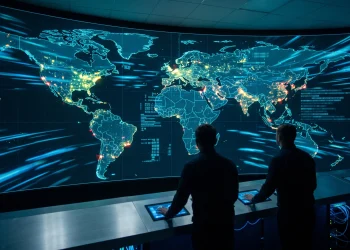 Conceptual digital map with tracking points representing a spy thriller theme