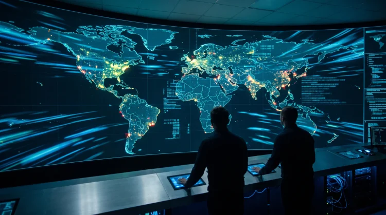 Conceptual digital map with tracking points representing a spy thriller theme