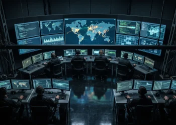 A dark room filled with glowing computer screens displaying global data and maps.