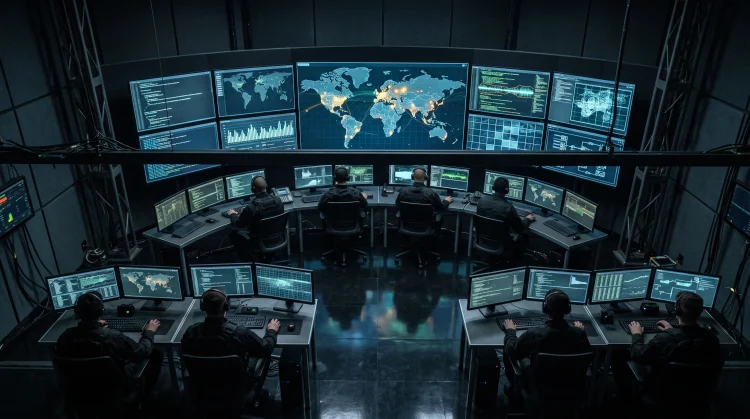 A dark room filled with glowing computer screens displaying global data and maps.