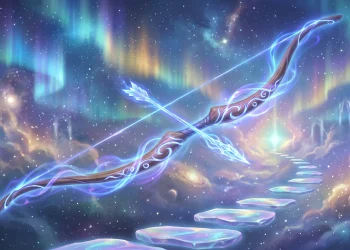 A conceptual glowing bow in a mystical afterlife setting.