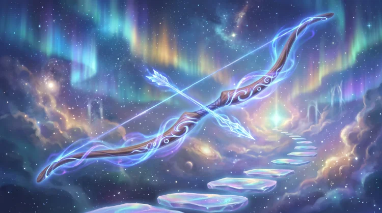 A conceptual glowing bow in a mystical afterlife setting.
