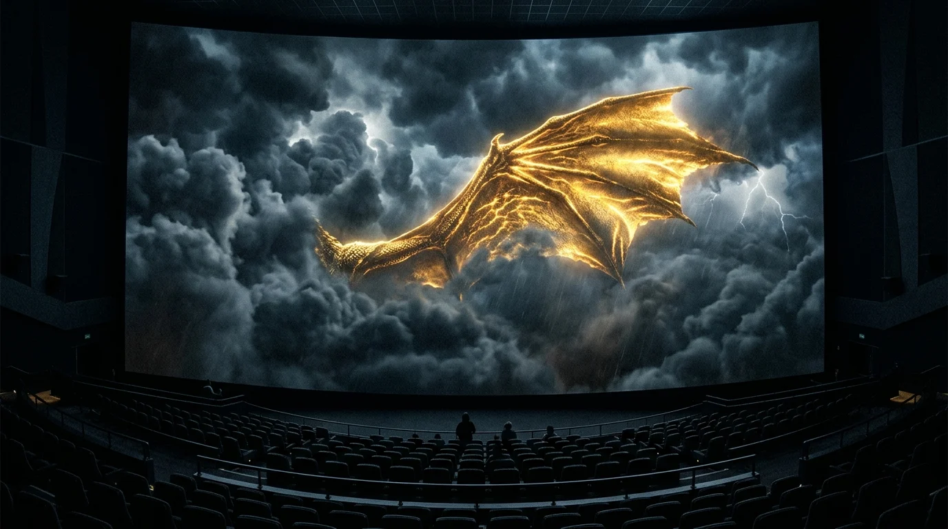 Golden dragon wings seen through dark clouds on an IMAX screen.