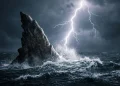 A massive jagged dorsal fin rising from a dark and stormy ocean.