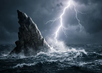 A massive jagged dorsal fin rising from a dark and stormy ocean.