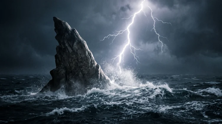 A massive jagged dorsal fin rising from a dark and stormy ocean.