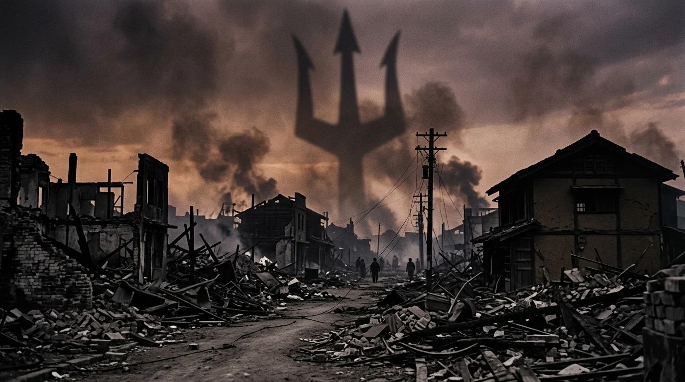 A giant shadow cast over a ruined 1940s city street.