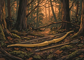 A golden bow and arrow in a dark forest setting.