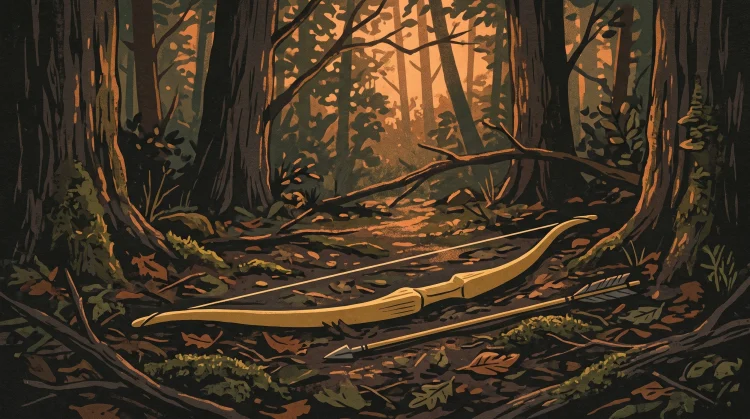 A golden bow and arrow in a dark forest setting.