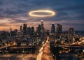 A conceptual golden halo over a city skyline.