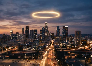 A conceptual golden halo over a city skyline.