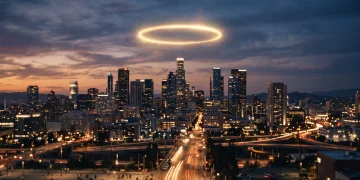A conceptual golden halo over a city skyline.