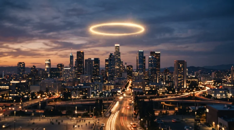 A conceptual golden halo over a city skyline.