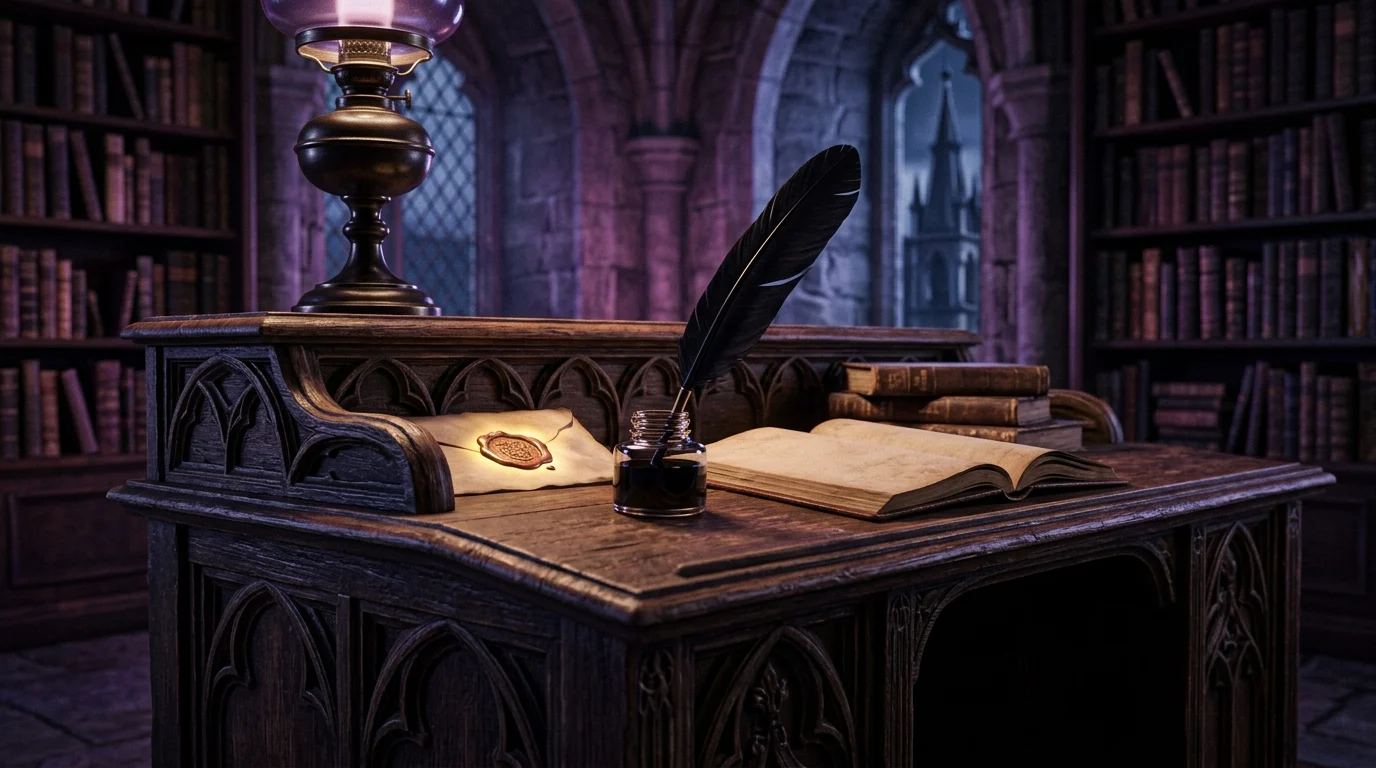 A gothic academic desk setup with a quill and inkwell in a dark room.