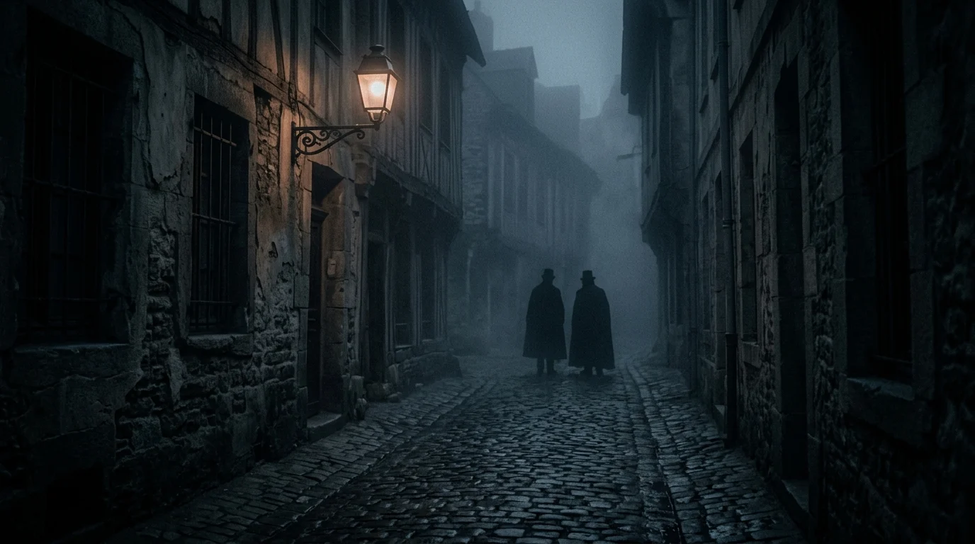 Two dark silhouettes in a foggy 18th-century gothic street.