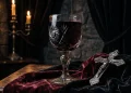 A gothic still life with a crystal goblet of red liquid and a silver crucifix.