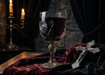 A gothic still life with a crystal goblet of red liquid and a silver crucifix.