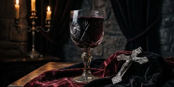 A gothic still life with a crystal goblet of red liquid and a silver crucifix.