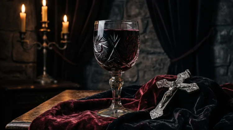 A gothic still life with a crystal goblet of red liquid and a silver crucifix.
