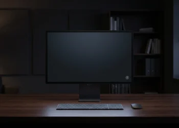 Conceptual image of a computer monitor in a dark office showing a system alert icon.