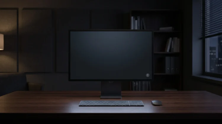 Conceptual image of a computer monitor in a dark office showing a system alert icon.