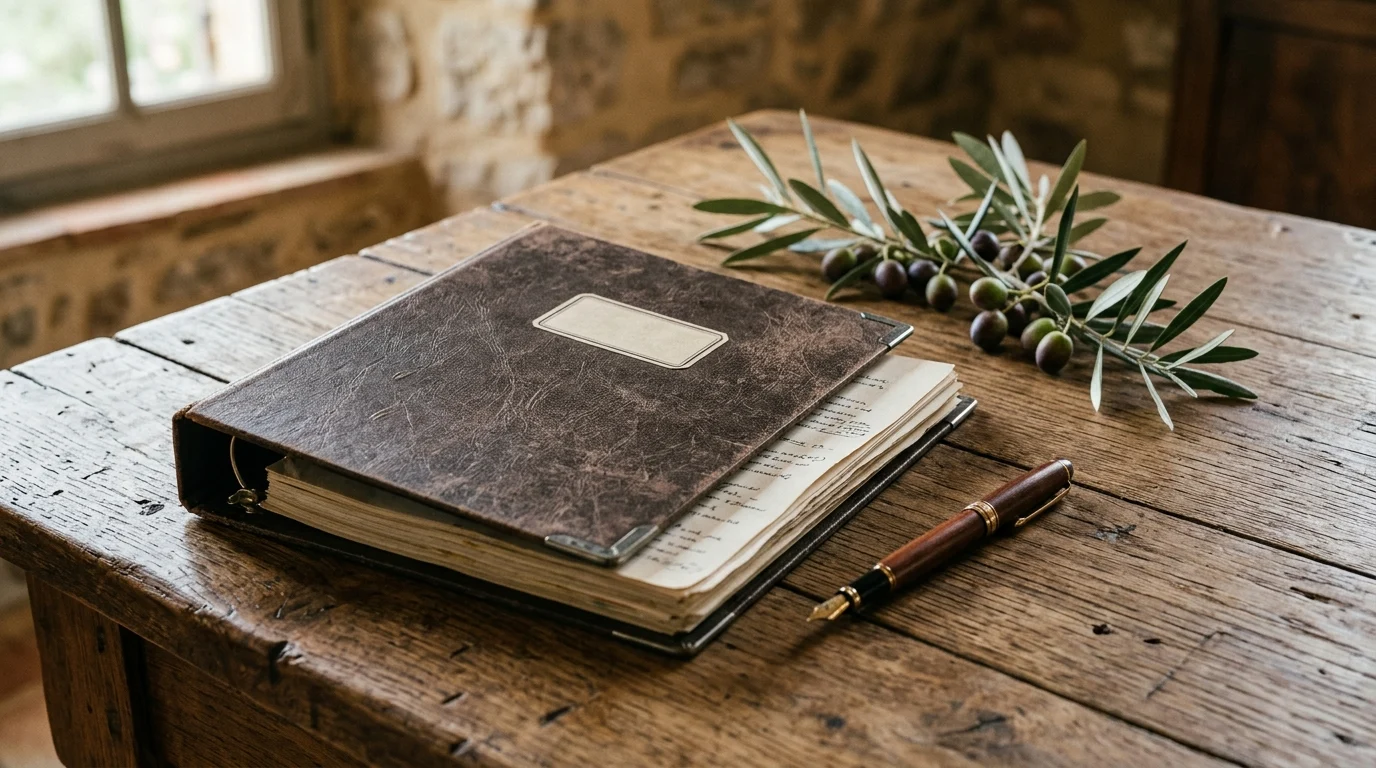 A film script binder and olive branch on a wooden surface.