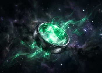 A glowing green ring emitting emerald energy wisps in a dark setting.