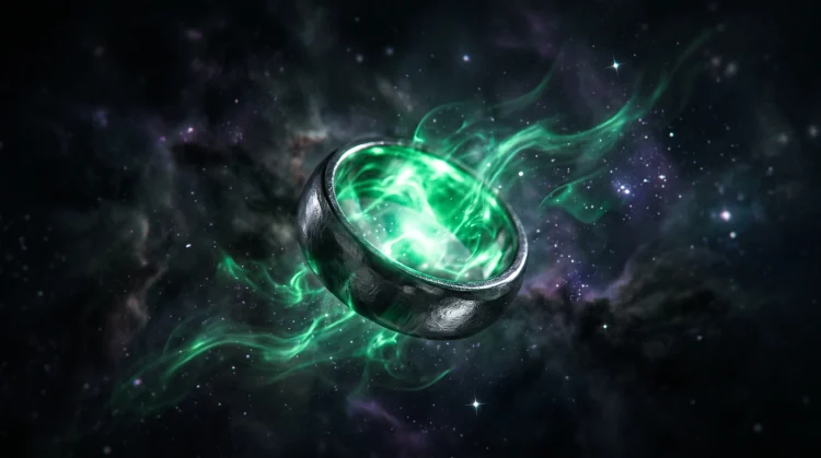 A glowing green ring emitting emerald energy wisps in a dark setting.