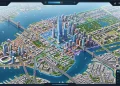 Conceptual 3D digital map of a fictionalized city with British-style architecture