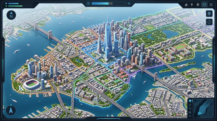 Conceptual 3D digital map of a fictionalized city with British-style architecture