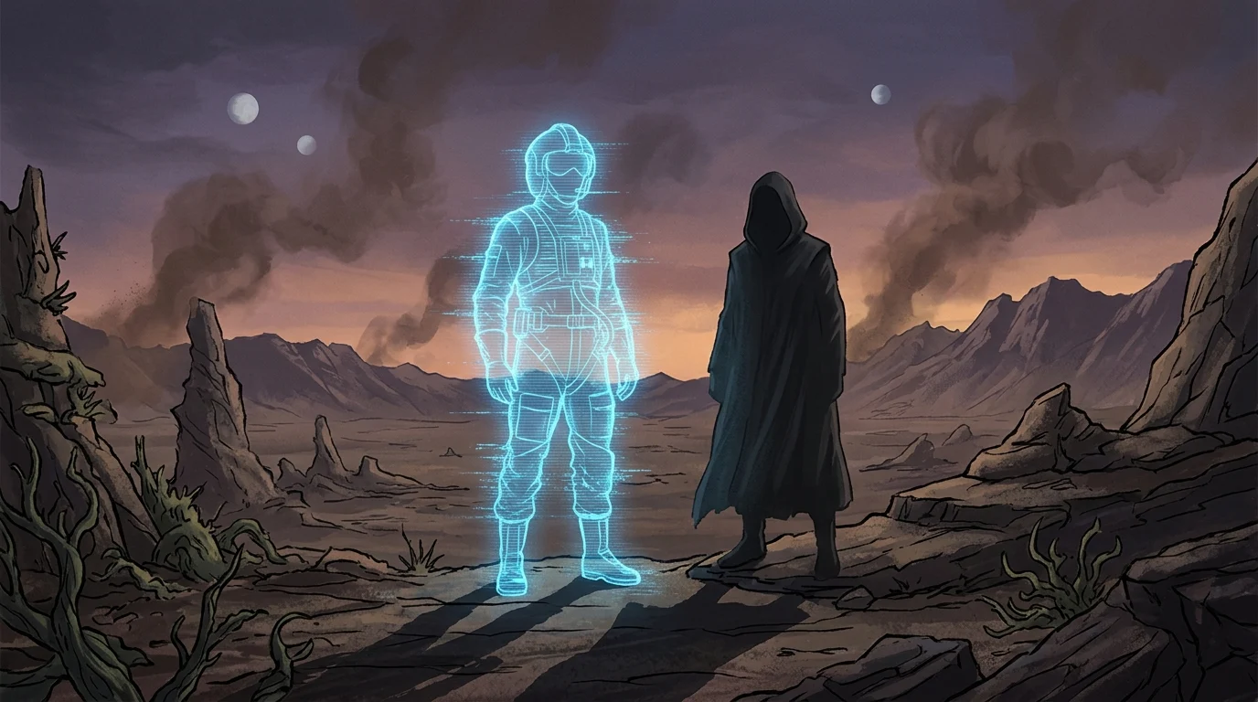 A translucent blue hologram of a pilot standing beside a physical shadow in a dark setting.
