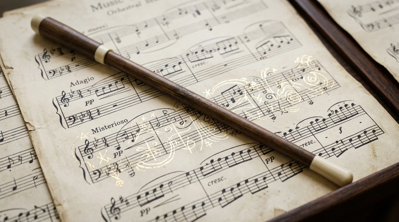 A conductor's baton on orchestral sheet music.
