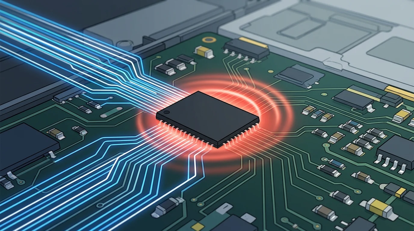 A macro view of a circuit board with a red light indicating a hardware error.