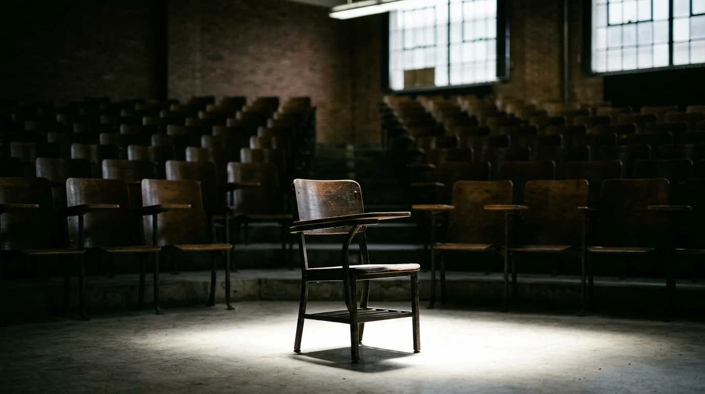 A minimalist 1950s university setting with a single chair under a spotlight.