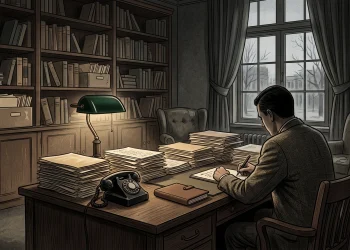 A dark, academic office setting with vintage documents and a desk lamp representing a psychology lab.