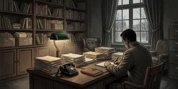 A dark, academic office setting with vintage documents and a desk lamp representing a psychology lab.