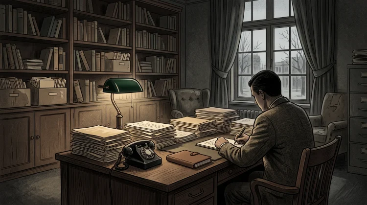A dark, academic office setting with vintage documents and a desk lamp representing a psychology lab.