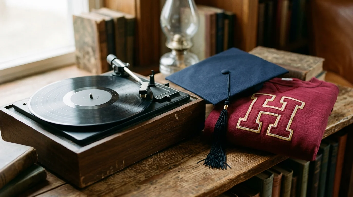 Collegiate memorabilia including a graduation cap and a university letterman style sweatshirt.