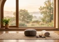 A serene indoor setting for meditation and yoga with soft morning light.