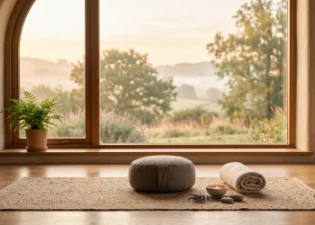 A serene indoor setting for meditation and yoga with soft morning light.