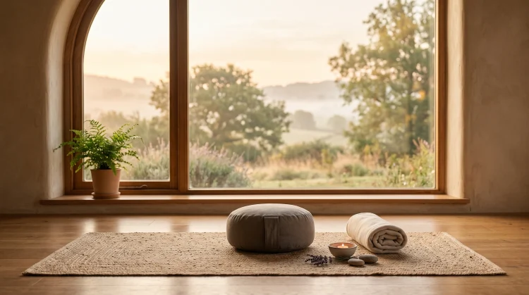 A serene indoor setting for meditation and yoga with soft morning light.