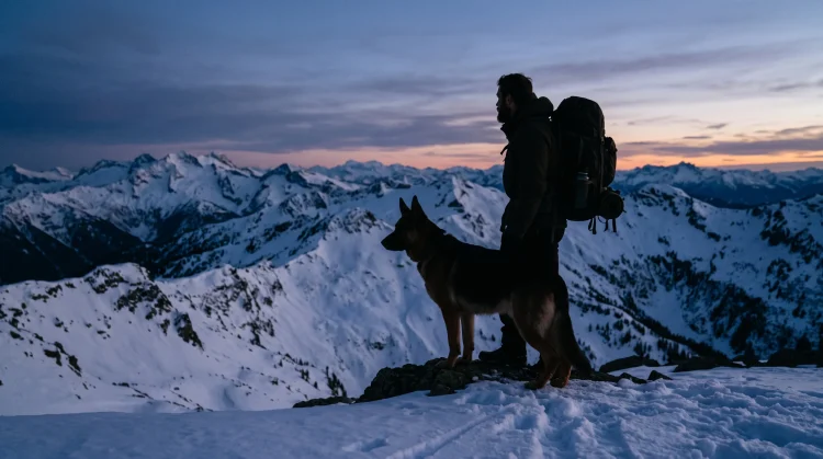 A silhouette of a man and a German Shepherd in a snowy mountain landscape.