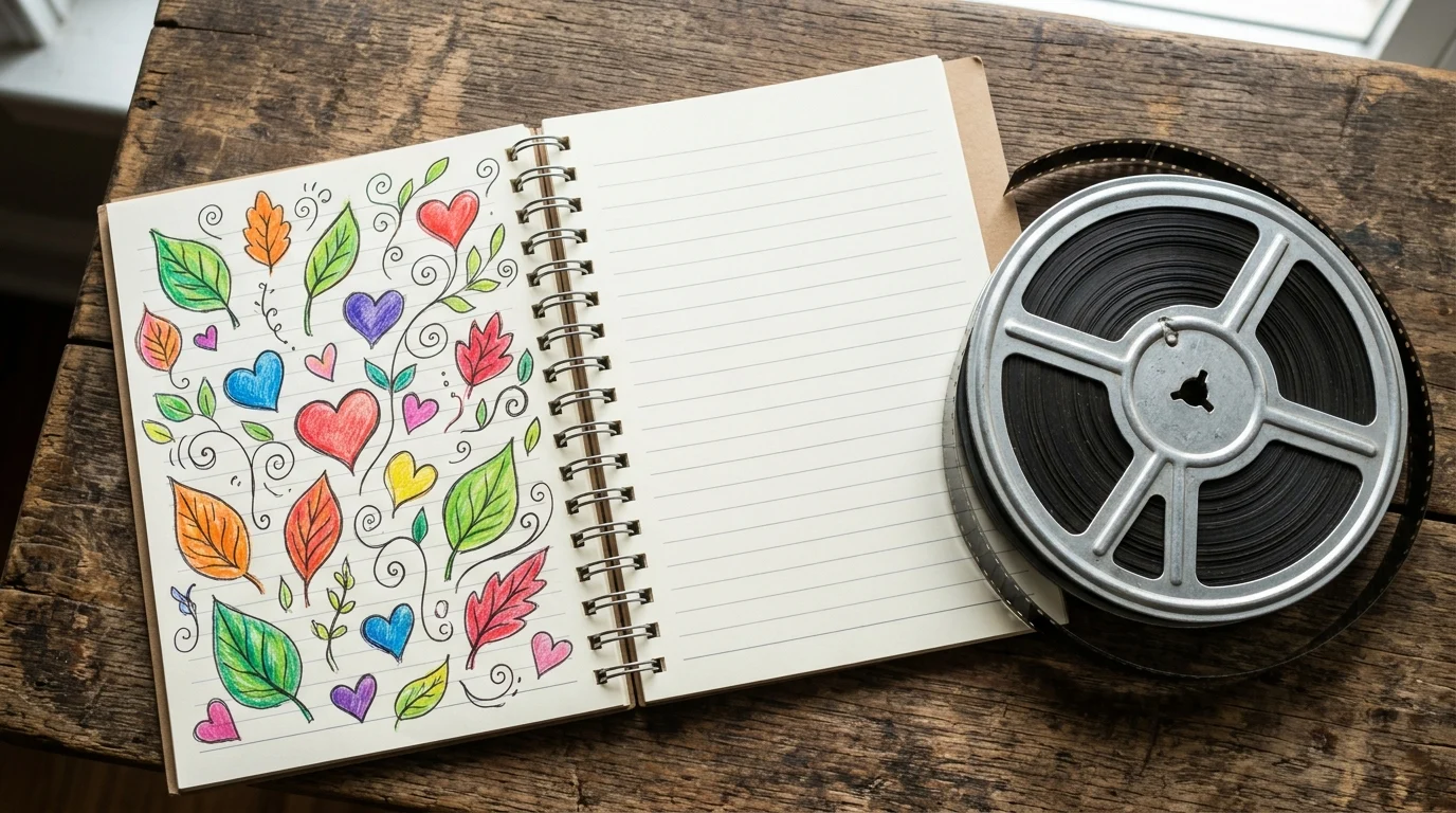 A notebook with heart illustrations next to a film reel.