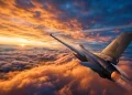A conceptual view of a fighter jet flying through vibrant clouds at sunset.