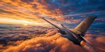A conceptual view of a fighter jet flying through vibrant clouds at sunset.