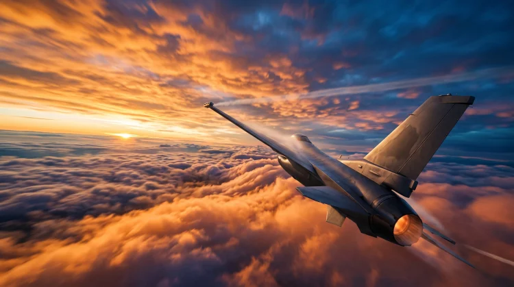 A conceptual view of a fighter jet flying through vibrant clouds at sunset.